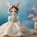 콩지래빗의 비평 및 논란 - A collectible doll, styled like Kongji Rabbit, featuring a delicate facial sculpt with large, wide, ...