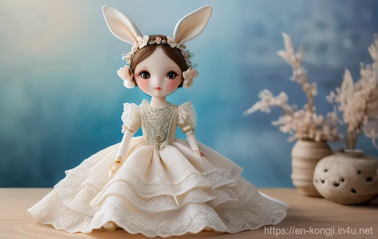 콩지래빗의 비평 및 논란 - A collectible doll, styled like Kongji Rabbit, featuring a delicate facial sculpt with large, wide, ...