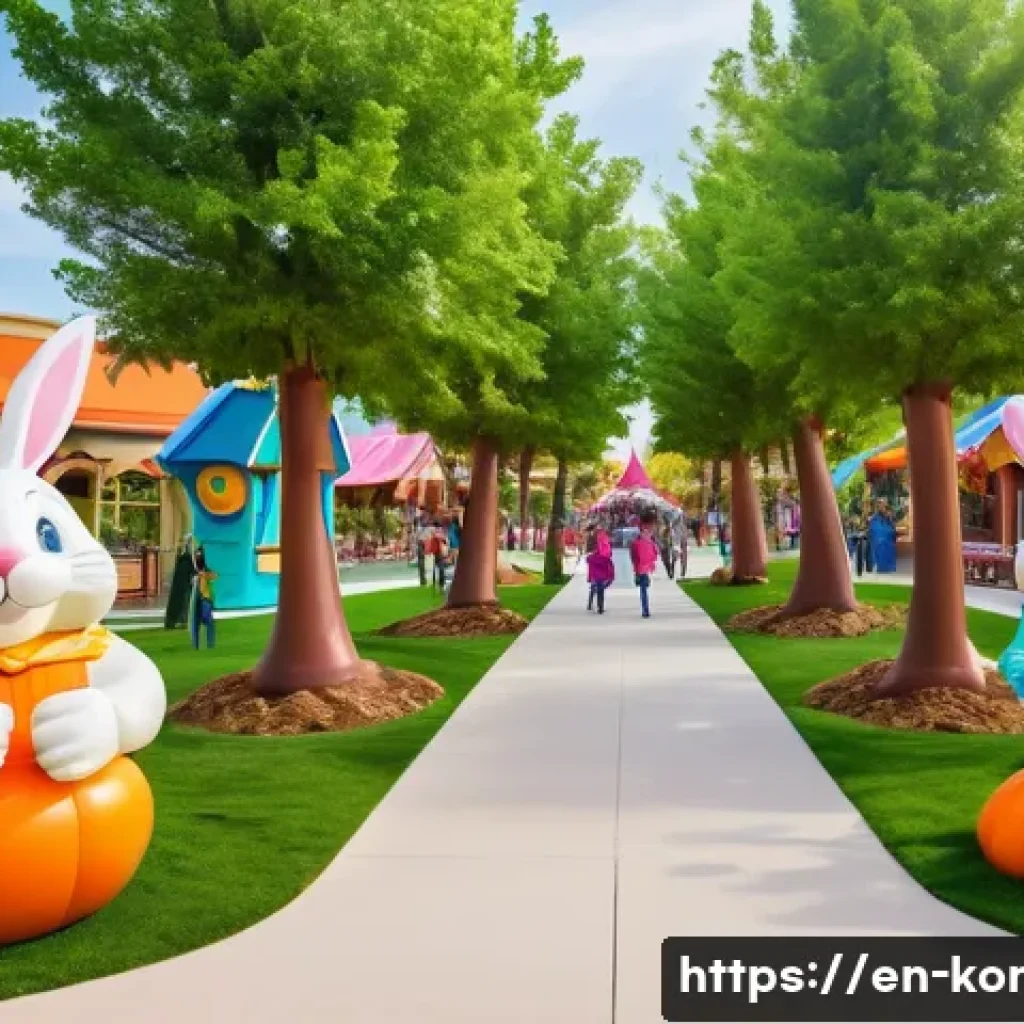 콩지래빗 테마파크 - A vibrant, whimsical theme park scene featuring families and children enjoying interactive zones fil...