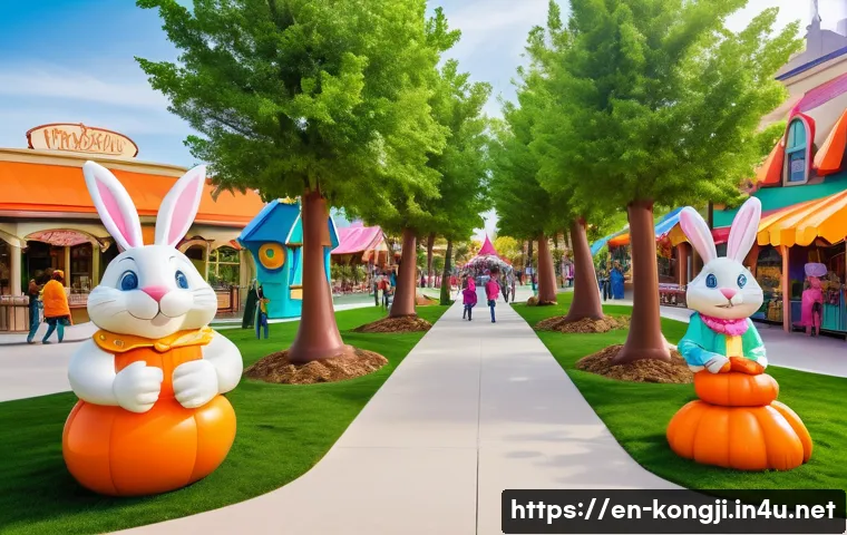 콩지래빗 테마파크 - A vibrant, whimsical theme park scene featuring families and children enjoying interactive zones fil...