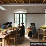 콩지래빗의 지속 가능한 상품 - A serene, sunlit artisan workshop featuring diverse local craftsmen and women carefully handcrafting...