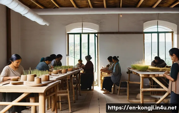 콩지래빗의 지속 가능한 상품 - A serene, sunlit artisan workshop featuring diverse local craftsmen and women carefully handcrafting...