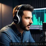 콩지래빗의 음성 연기 - A professional voice actor in a modern recording studio, wearing casual clothes and headphones, spea...