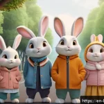 콩지래빗의 글로벌 시장 성공 요인 - A heartwarming scene featuring Kongji Rabbit and his diverse group of friends, depicted with simple,...