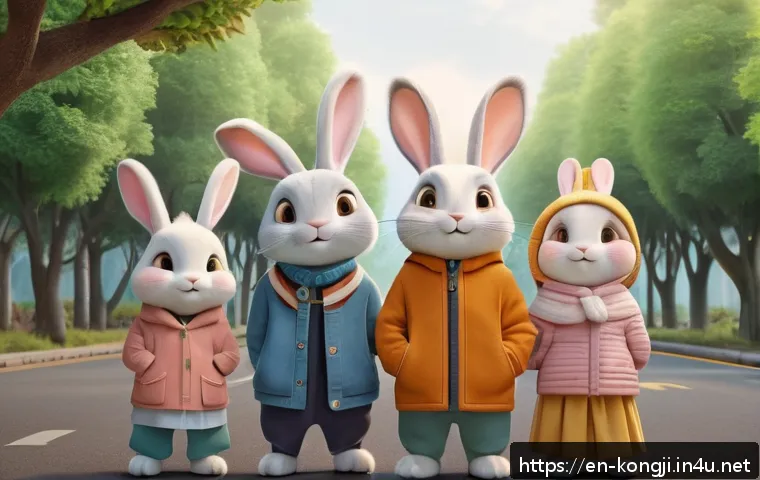 콩지래빗의 글로벌 시장 성공 요인 - A heartwarming scene featuring Kongji Rabbit and his diverse group of friends, depicted with simple,...
