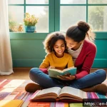 콩지래빗 관련 서적 - A cozy family reading scene in a sunlit living room, featuring a parent and child sitting comfortabl...