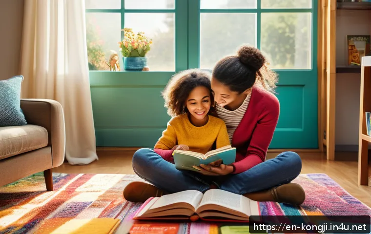 콩지래빗 관련 서적 - A cozy family reading scene in a sunlit living room, featuring a parent and child sitting comfortabl...