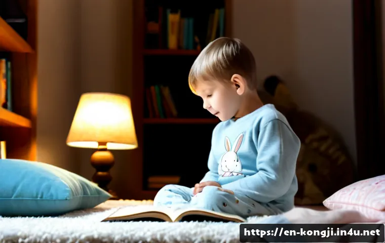 콩지래빗 동화책 - Photorealistic cozy children’s bedroom at dusk, a young child in comfortable pajamas sitting on a so...